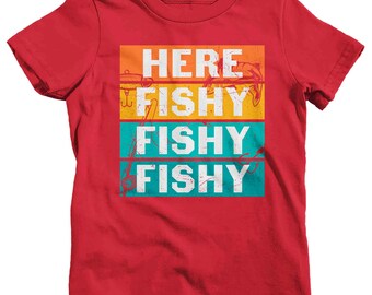Funny Fishing T-Shirt Here Fishy Fishy Fishy Vintage Fishing-Rod