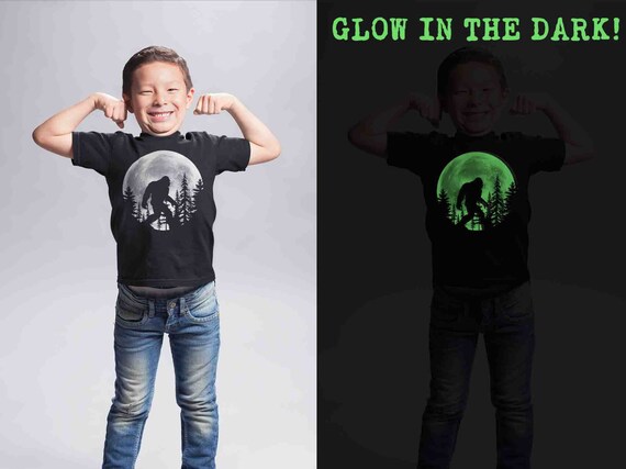 Kids Glow In The Dark Bigfoot Shirt Sasquatch GITD Moon T Shirt Cryptozoology Gift Squatch Forest Hipster Geek Graphic Tee Unisex Youth