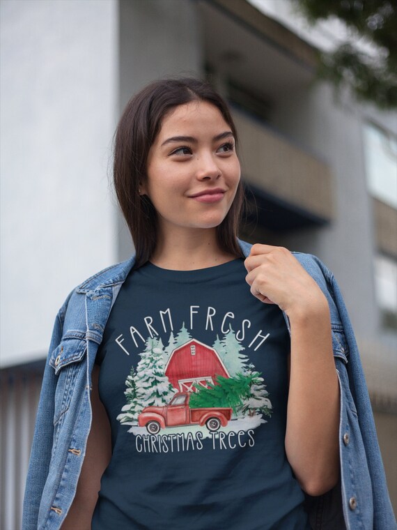 Women's Christmas Shirt Farm Fresh Trees T Shirt Farmer Tee Tree Fir Pine Country Farming Farm Holiday Graphic Tshirt Ladies