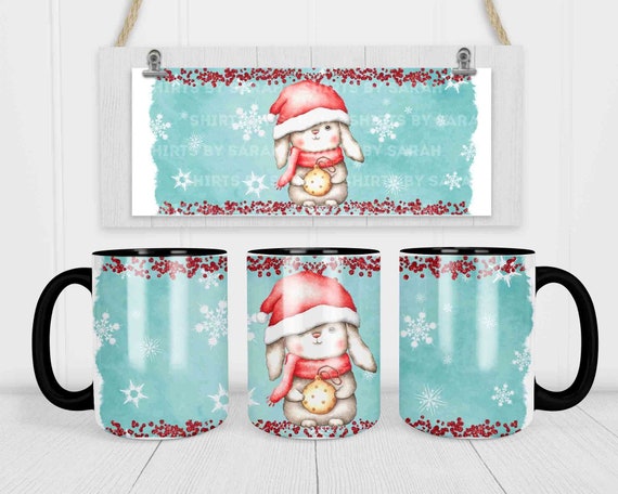 Cute Christmas Coffee Mug Watercolor Bunny Scarf Hat Illustration Adorable Christmas Decor Coffee Mug Gift 15 oz 20 oz Jumbo Giant Large Cup