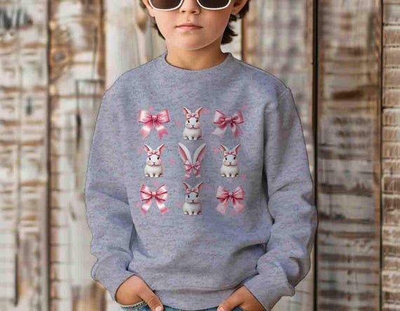 Kids Cute Easter Sweatshirt Adorable Cottontail Bunny Coquette Rabbit Crewneck Gift Unisex Bows Pink Peace Cool Hipster For Her Girl's