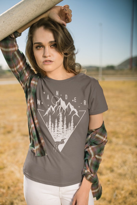 Women's Wander T-Shirt Hipster Nature Shirt Mountains Trees Stars Camping Tees