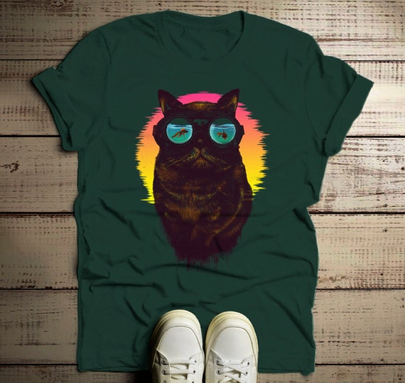 Men's Hipster T Shirt Cat Shirt Punk Kitty Graphic Tee Goggles Fish Artistic Shirts