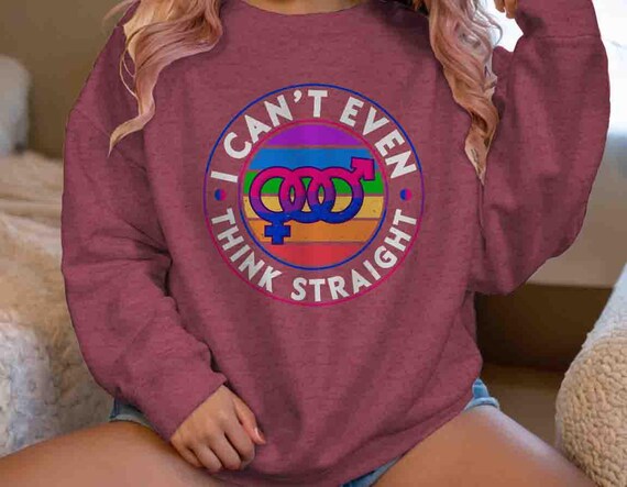 Men's Funny Bi Pride Sweatshirt Can't Even Think Bisexual Straight Humor Rainbow Gift Idea Pride Gay Flag Crewneck Pullover Unisex Support