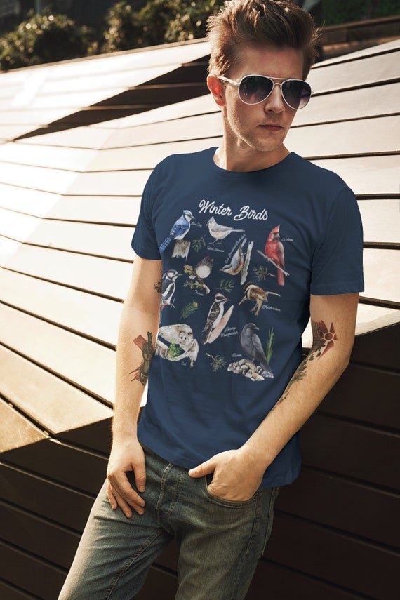 Men's Bird Shirt Winter Birds T Shirt Cardinal Blue Jay Woodpecker TShirt Bird Watcher Gift Forest Junco Chickadee Graphic Tee Unisex Man