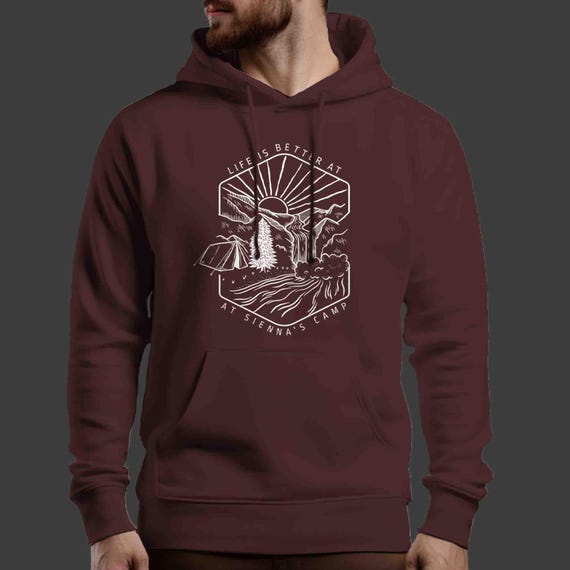 Men's Personalized Tent Sweatshirt Custom Line Art Waterfall Hoodie Camp Crewneck Adventure Logo Camper Rustic Cabin Man Unisex Gift Idea