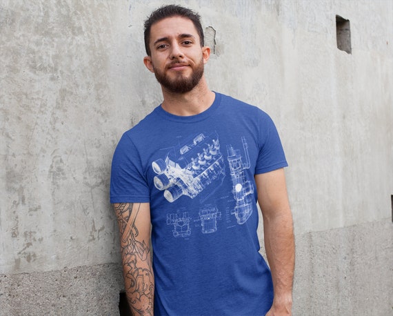 Men's Engine Blueprint Shirt Mechanic Shirts Repair Garage Car Truck Drawing Schematic Gift For Him Graphic Tee Man Unisex