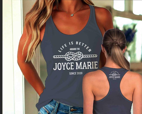 Women's Personalized Boat Tank Top Custom Name Racer Back Boating Racerback Gift Boater Nautical Line Logo Rear Print Yacht Sailing Ladies