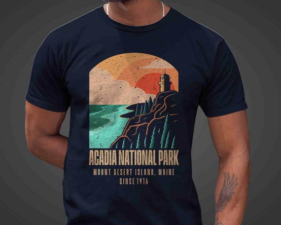 Men's Acadia Shirt National Park Shirt Maine Lighthouse Vacation Hiker T Shirt Gift Idea Him Travel Tourist Unisex Graphic Tee Grunge 1916