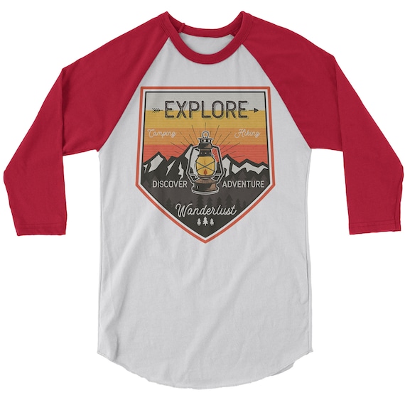 Men's Explore T-Shirt Wanderlust Shirts Adventure Graphic Tee Retro Vintage Shirt Hipster Shirts Hiking Raglan 3/4 Sleeve