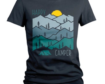 Women's Happy Camper T Shirt Sunset Shirts Camping Tee Nature Tshirt Wanderlust Clothing
