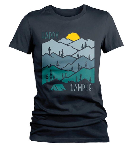 Women's Happy Camper T Shirt Sunset Shirts Camping Tee Nature Tshirt Wanderlust Clothing