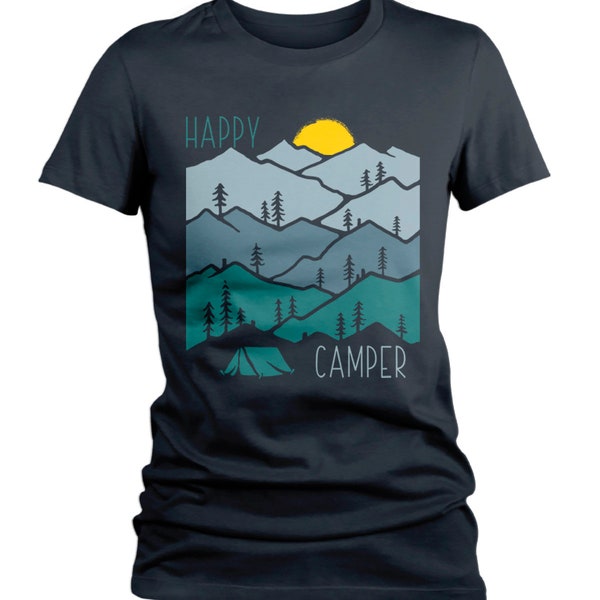 Women's Happy Camper T Shirt Sunset Shirts Camping Tee Nature Tshirt Wanderlust Clothing