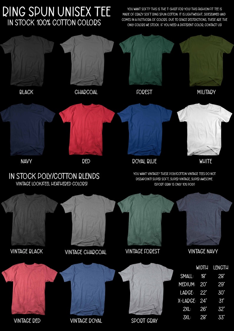 May include: A display of various ring-spun unisex t-shirts in multiple colors, including black, charcoal, forest green, and navy. The image also shows vintage-style tees in heathered colors. Sizes range from small (18" width, 28" length) to 3XL (28" width, 33" length).