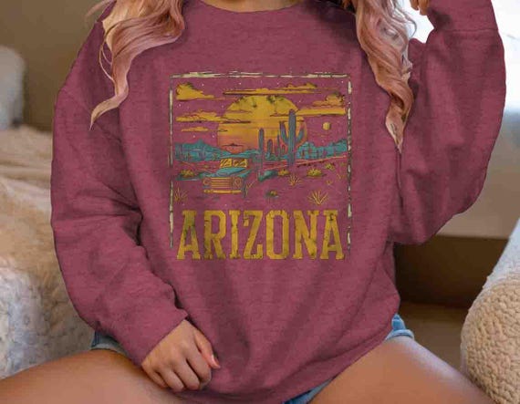 Men's Arizona Sweatshirt AZ Vintage Retro State Pullover Crewneck Gift Travel Tour Gift Tourist Unisex Cactus Sky State City West Western