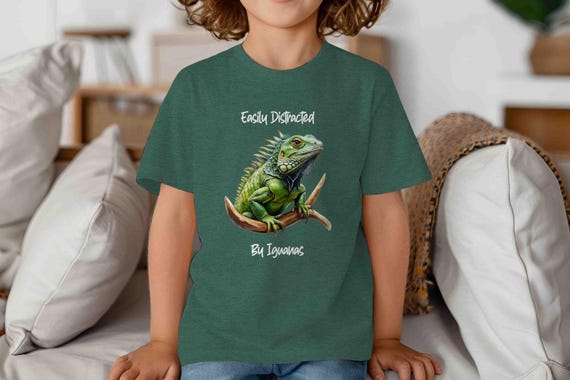 Kids Funny Iguana Shirt Easily Distracted Shirts Gift Idea Reptile Lizard Science Geek Herpetology Boy's Girl's Tiny Dinosaur Unisex TShirt