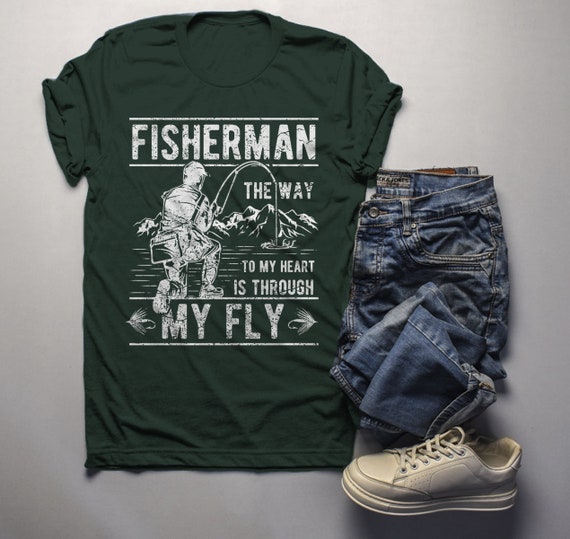 Men's Funny Fishing T-Shirt Way To Heart Through Fly Vintage Shirt Fisherman Tee