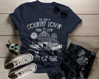 Women's Farm T-Shirt Country Lovin' Livin' Vintage Farming Loving Living Barn Shirt Tee