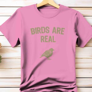 K&ouml;nnte beinhalten: Ein pinkfarbenes T-Shirt mit dem Text "BIRDS ARE REAL" in Hellgr&uuml;n. Darunter befindet sich eine hellgr&uuml;ne Illustration eines Vogels. Das T-Shirt h&auml;ngt an einem Holzb&uuml;gel.