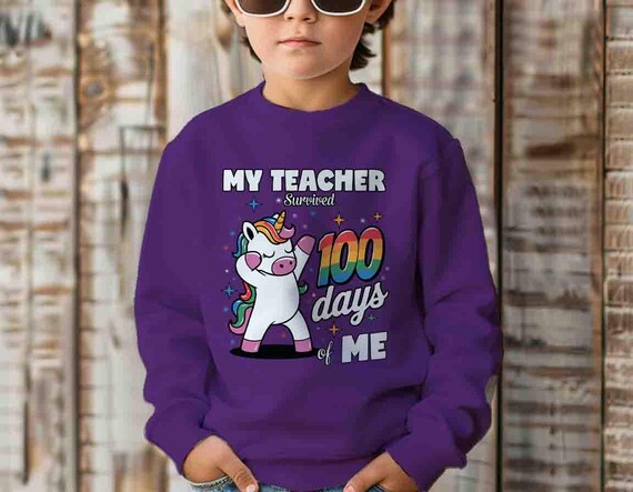 Kids Funny 100 Days Of School Sweatshirt Unicorn Crewneck Teacher Survived Gift Idea For Girl's 100 Days Gift Youth Children For Girl's Tee