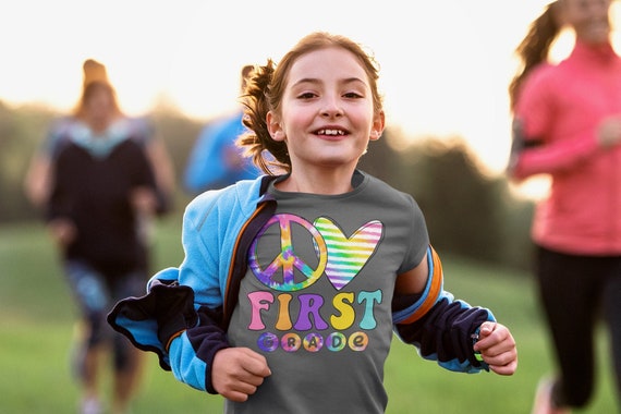 Kids 1st Grade Shirt Peace Love T Shirt Tie Dye First Grade 1 Vintage Rainbow Hippie Retro Boho Cute Tee Girl's Back To School