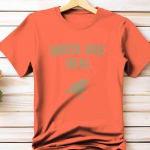 K&ouml;nnte beinhalten: Ein orangefarbenes T-Shirt mit dem Text "BIRDS ARE REAL" in gr&uuml;nen Buchstaben und einer gr&uuml;nen Vogelgrafik. Das T-Shirt h&auml;ngt an einem Holzb&uuml;gel.