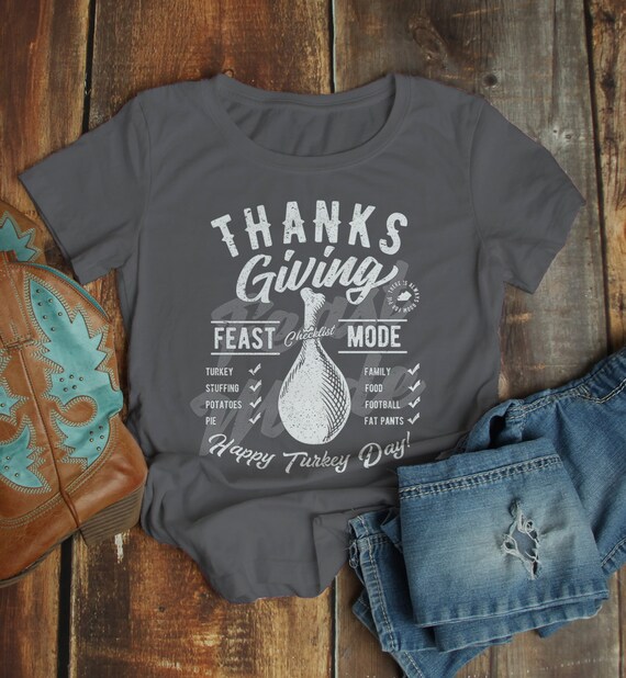 Women's Funny Thanksgiving T Shirt Feast Mode Checklist Vintage Graphic Tee Happy Turkey Day