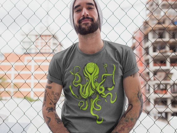 Men's Yellow Octopus Shirt Illustration Grunge Streetwear Octopus Drawing Graphic Tee Nautical Sea Ocean Life T Shirt Goth Unisex Man