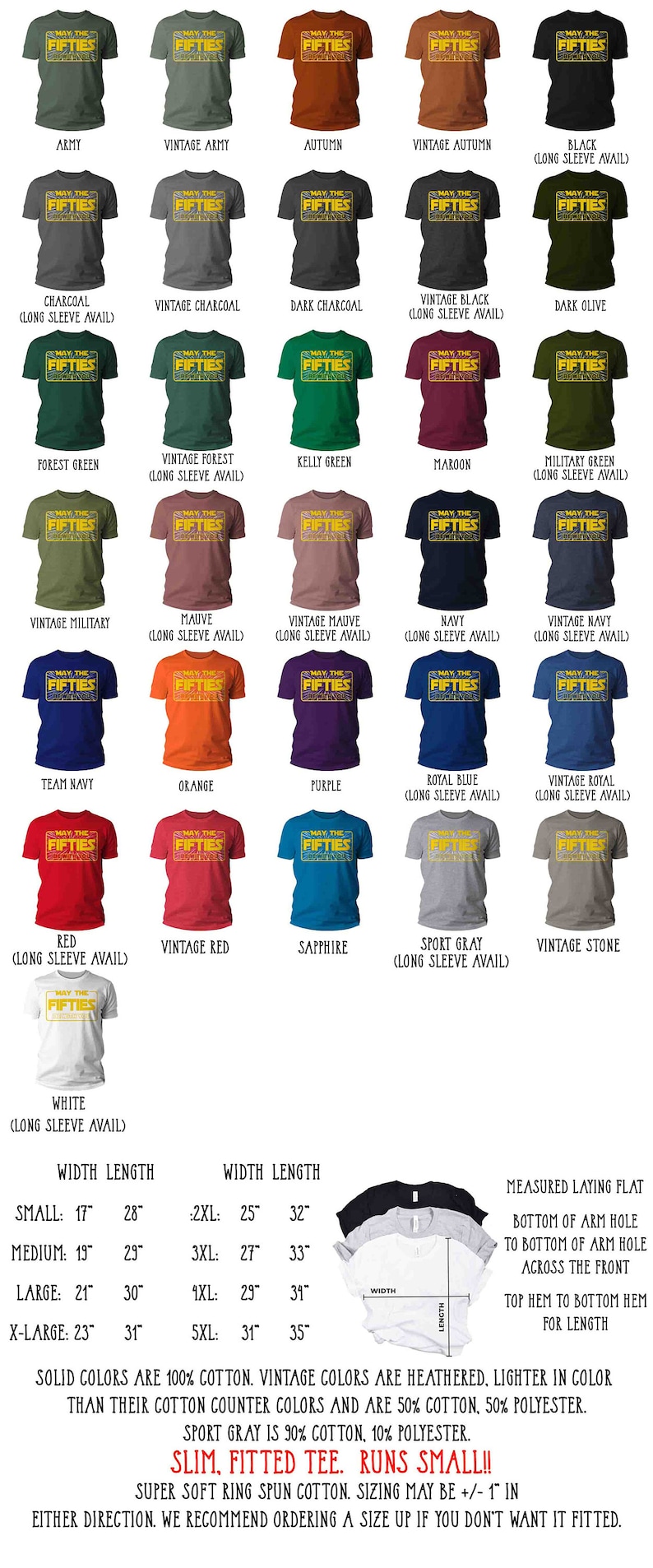 K&ouml;nnte beinhalten: Eine Tabelle mit verschiedenen T-Shirts in unterschiedlichen Farben, auf denen der Text "May the Fifties" aufgedruckt ist. Die Tabelle enth&auml;lt auch Gr&ouml;&szlig;en- und Breitenangaben f&uuml;r die T-Shirts.