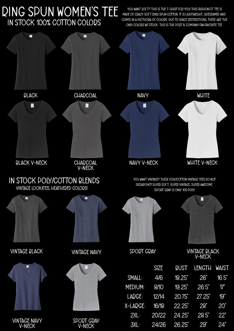 K&ouml;nnte beinhalten: Eine Tabelle mit verschiedenen Farben und Stilen von Damen-T-Shirts. Die Tabelle enth&auml;lt 100% Baumwolle und Poly/Baumwolle-Mischungen. Die Tabelle enth&auml;lt auch Gr&ouml;&szlig;en-, Brust-, L&auml;ngen- und Taillenma&szlig;e in Zoll.