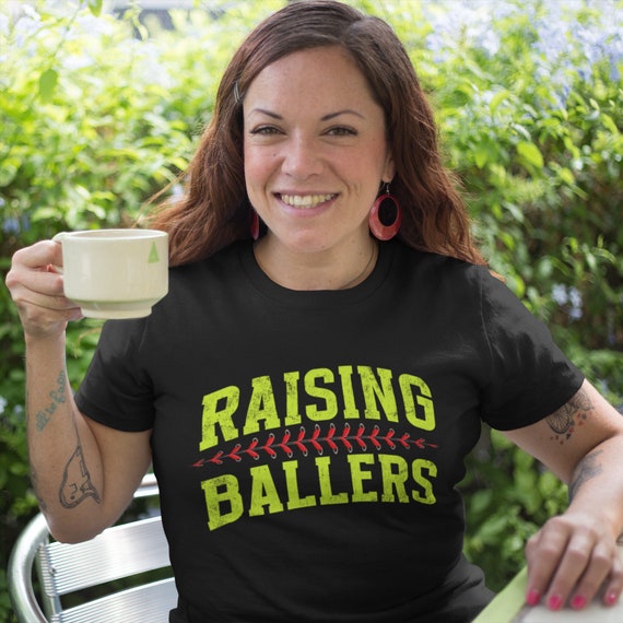 Women's Funny Softball T Shirt Raising Ballers Tshirt Funny Grunge Mom Baller Player Saying Ladies Woman Fit Tee Gift Idea