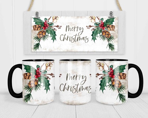 Merry Christmas Coffee Mug Rustic Holly Gift Winter Décor Cup Flower Pretty Gift Coffee Mugs Illustrated 15 oz. 20 oz. Large Huge