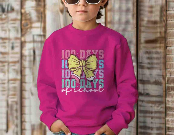 Kids Cute 100 Days Of School Sweatshirt Coquette Bow Gift Idea Crewneck For Girl's 100 Days Gift Youth Children Unisex For Girl's Tee