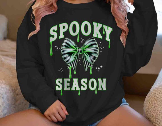 Unisex Halloween Sweatshirt Halloween Spooky Season Teacher Coquette Bow Crewneck Cute Black White Stripped Drip Long Sleeve Shirt Woman