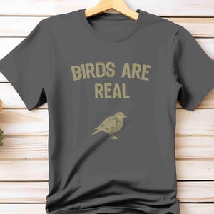 K&ouml;nnte beinhalten: Dunkelgraues T-Shirt mit dem Text "BIRDS ARE REAL" in einer Vintage-Schriftart. Darunter befindet sich eine detaillierte Illustration eines Vogels. Das Shirt h&auml;ngt an einem Holzb&uuml;gel vor einem hellen Holz Hintergrund.