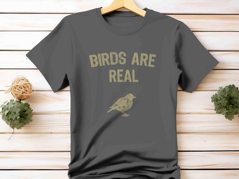K&ouml;nnte beinhalten: Dunkelgraues T-Shirt mit dem Text "BIRDS ARE REAL" in einer Vintage-Schriftart. Darunter befindet sich eine detaillierte Illustration eines Vogels. Das Shirt h&auml;ngt an einem Holzb&uuml;gel vor einem hellen Holz Hintergrund.