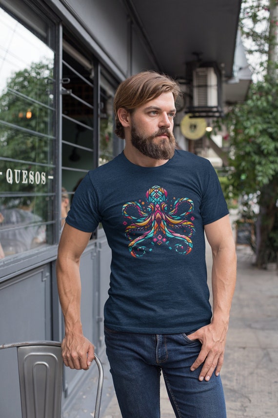 Mens Octopus T Shirt Illustrated Vintage Hipster Shirts Octopus Geometric Cool Graphic Tee Man Gift Idea Ocean Creature Abstract Digital Art