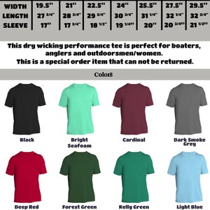 May include: A size chart for a performance tee, showing the width, length, and sleeve length in inches for sizes S through 4X. The tee is available in 14 colors, including black, bright seafoam, cardinal, dark smoke grey, deep red, forest green, kelly green, light blue, marine green, sapphire, soft coral, true navy, true red, true royal, white, and yellow.