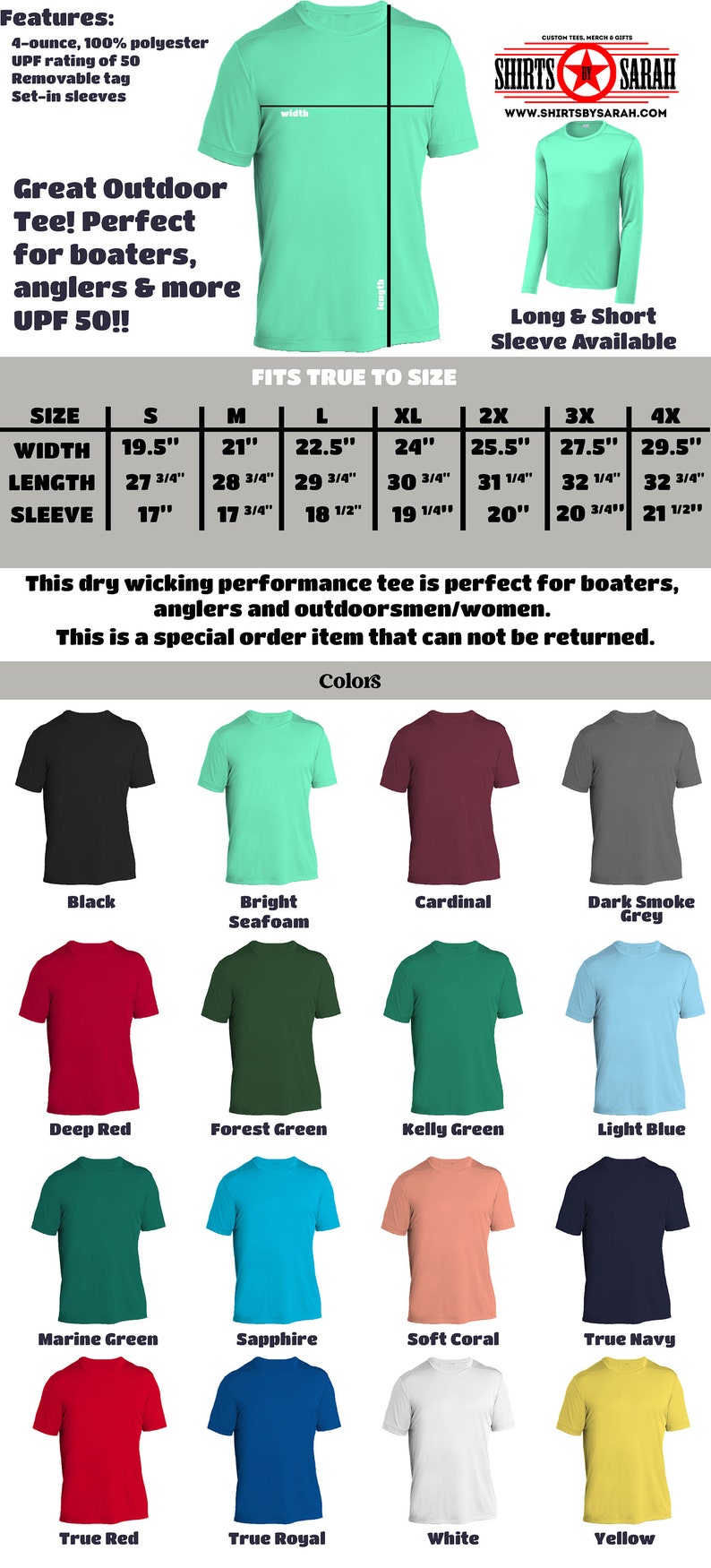 May include: A size chart for a performance tee, showing the width, length, and sleeve length in inches for sizes S through 4X. The tee is available in 14 colors, including black, bright seafoam, cardinal, dark smoke grey, deep red, forest green, kelly green, light blue, marine green, sapphire, soft coral, true navy, true red, true royal, white, and yellow.