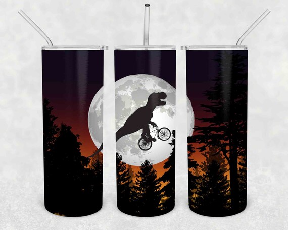 T Rex Riding Bike Tumbler With Stainless Steel Straw Skinny Tumbler Forest Moon Bicycle Geek Gift Idea Water Mug Cold Hot Vacuum Lid
