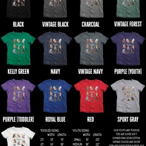 May include: A variety of t-shirt colors are shown with a graphic of different types of owls. The text on the graphic reads "Owls of North America". The t-shirts are available in sizes for toddlers, youth, and adults. The sizing chart is included in the image.