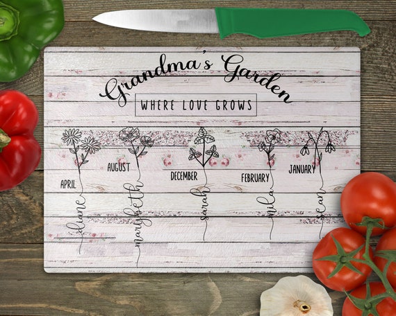 Personalized Grandma Cutting Board Custom Gift Garden Theme Flowers Farmhouse Shabby Grandchildren Mother's Day For Mom Kitchen Decor