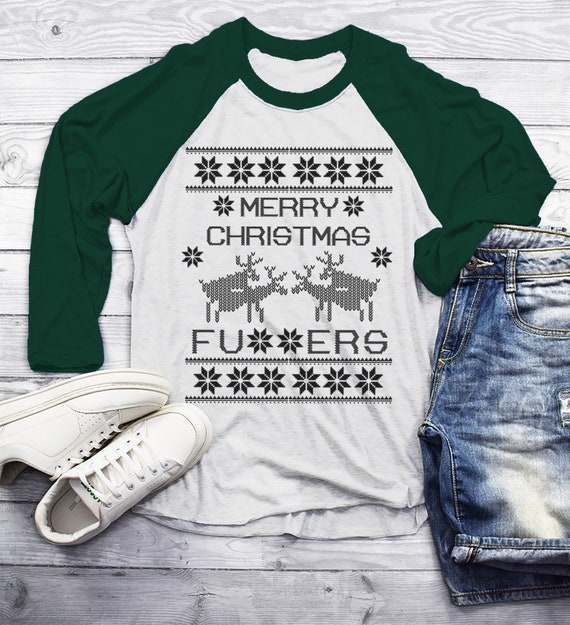 Men's Funny Christmas Shirt Merry Christmas F**kers T-Shirt Deer Shirt Offensive Christmas Shirt Ugly Shirts 3/4 Sleeve Raglan