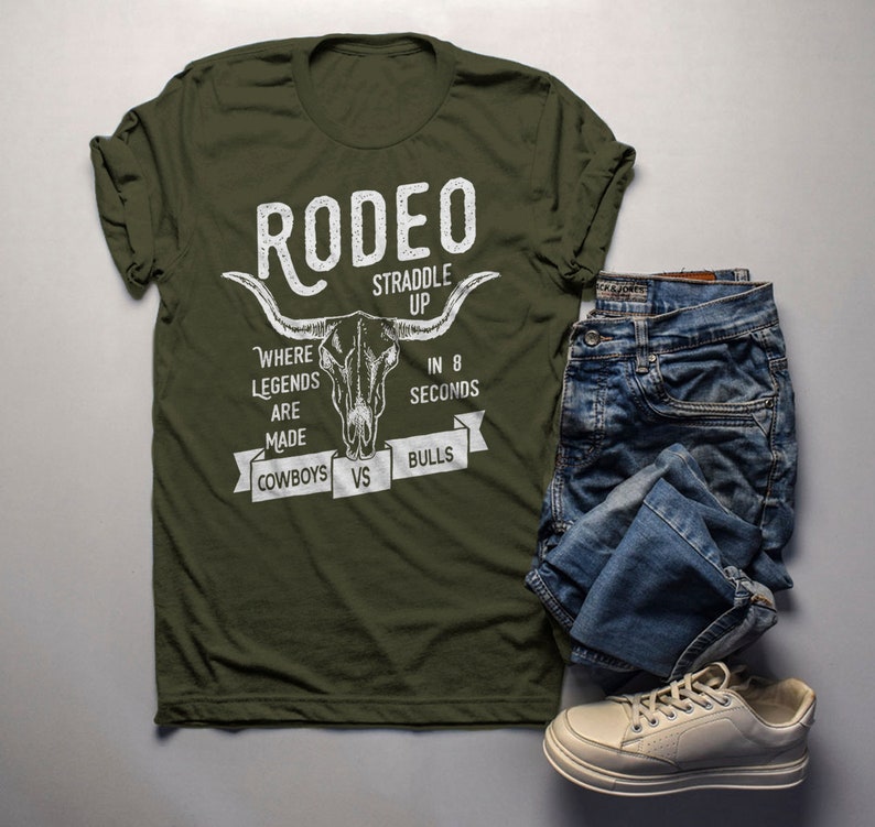 Men's Rodeo T Shirt Cowboys Vs. Bulls Shirt Vintage Cow Skull Graphic Tee Straddle Up image 1