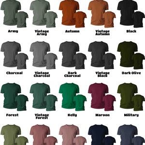 May include: A chart showing the different colors of t-shirts available for purchase. The chart includes solid colors and vintage colors. The t-shirts are printed on Bella Canvas or similar. The text "Runs Small!" is printed at the bottom of the chart.
