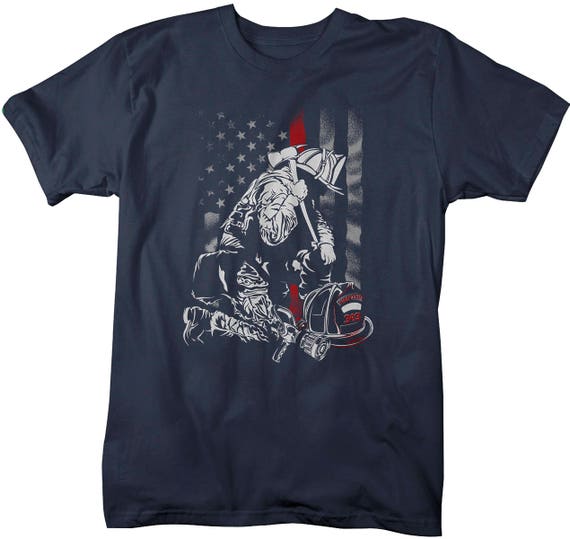 Men's Firefighter Red Line T-Shirt Flag Fireman Shirt Kneel Shirts By Sarah Tee