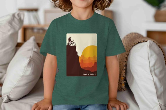 Kids Mountain Biking T Shirt Take A Break Mountains View Graphic Tee Gift Idea Bicycle TShirt Youth Boy's Girl's Adventure Biker Mountain