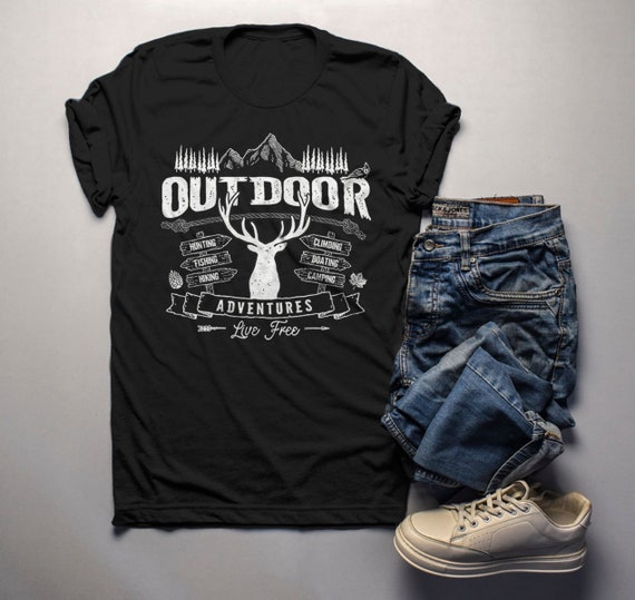 Men's Outdoor Adventures T Shirt Camping Graphic Tee Camper Shirts Deer Rustic Vintage
