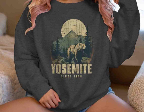Men's Yosemite Sweatshirt National Pullover Crewneck Park Bear Vacation Hiker Gift Idea Him Travel Tour Tourist Unisex Grunge 1890
