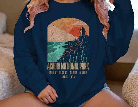 Men's Acadia National Park Sweatshirt Maine Lighthouse Vacation Hiker Crewneck Pullover Gift Idea Him Travel Tour Tourist Unisex Grunge 1916